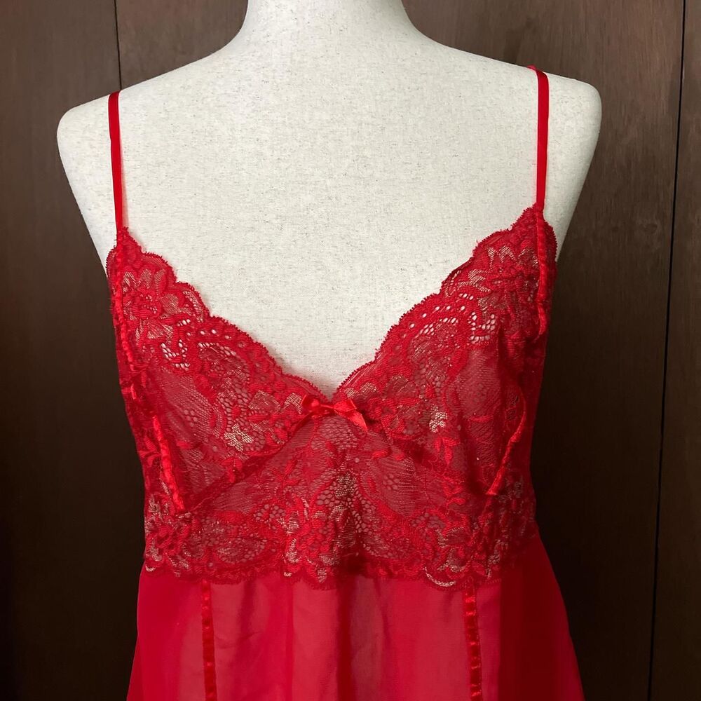 VTG Women's Red Sheer Slip Dress with Gold Embroidery and Bows
